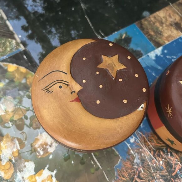 2 Vintage Celestial Trinket Box Wood Carved SUN & Moon Jewellery Holder 3.5" - Picture 5 of 16
